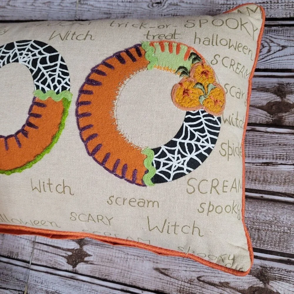 Pier 1 Halloween Boo spellout Spider Multi material pillow 17x11